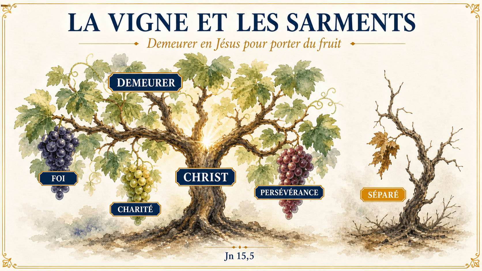 Infographie de Jean 15 montrant le Christ comme la vigne et les âmes comme les sarments