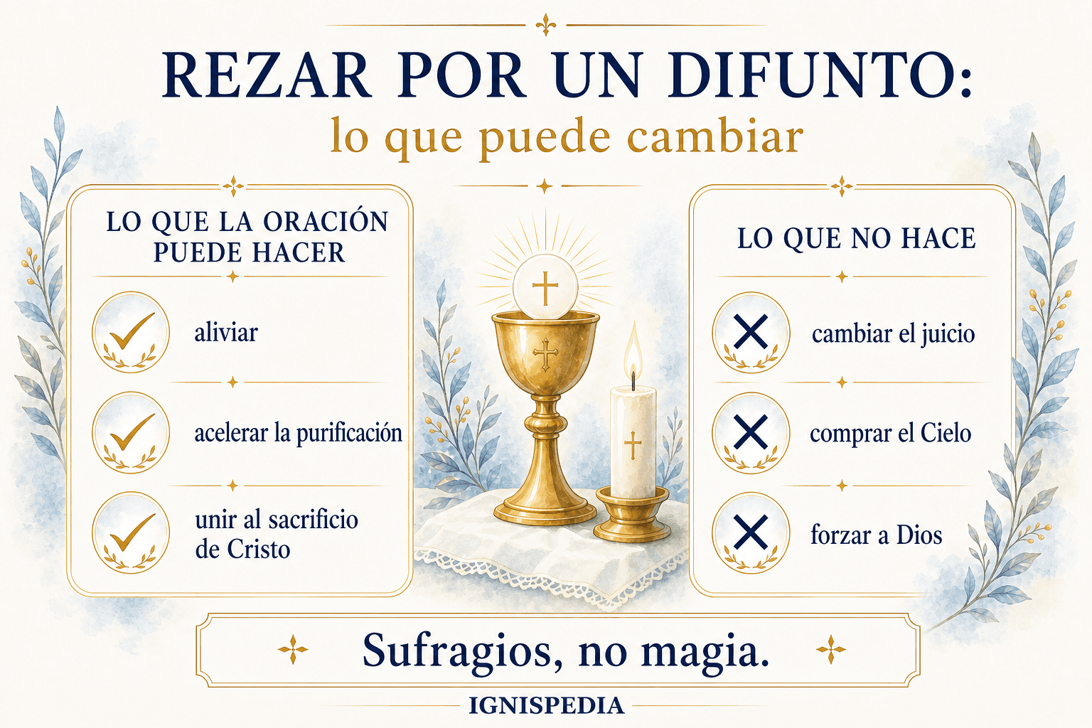 Lo que la oración por los difuntos puede hacer —aliviar, acelerar la purificación y unir al sacrificio de Cristo— y lo que no puede —cambiar el juicio, comprar el Cielo o forzar a Dios