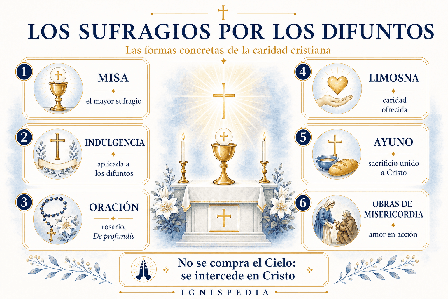 Seis sufragios por los difuntos: misa, indulgencia, oración, limosna, ayuno y obras de misericordia