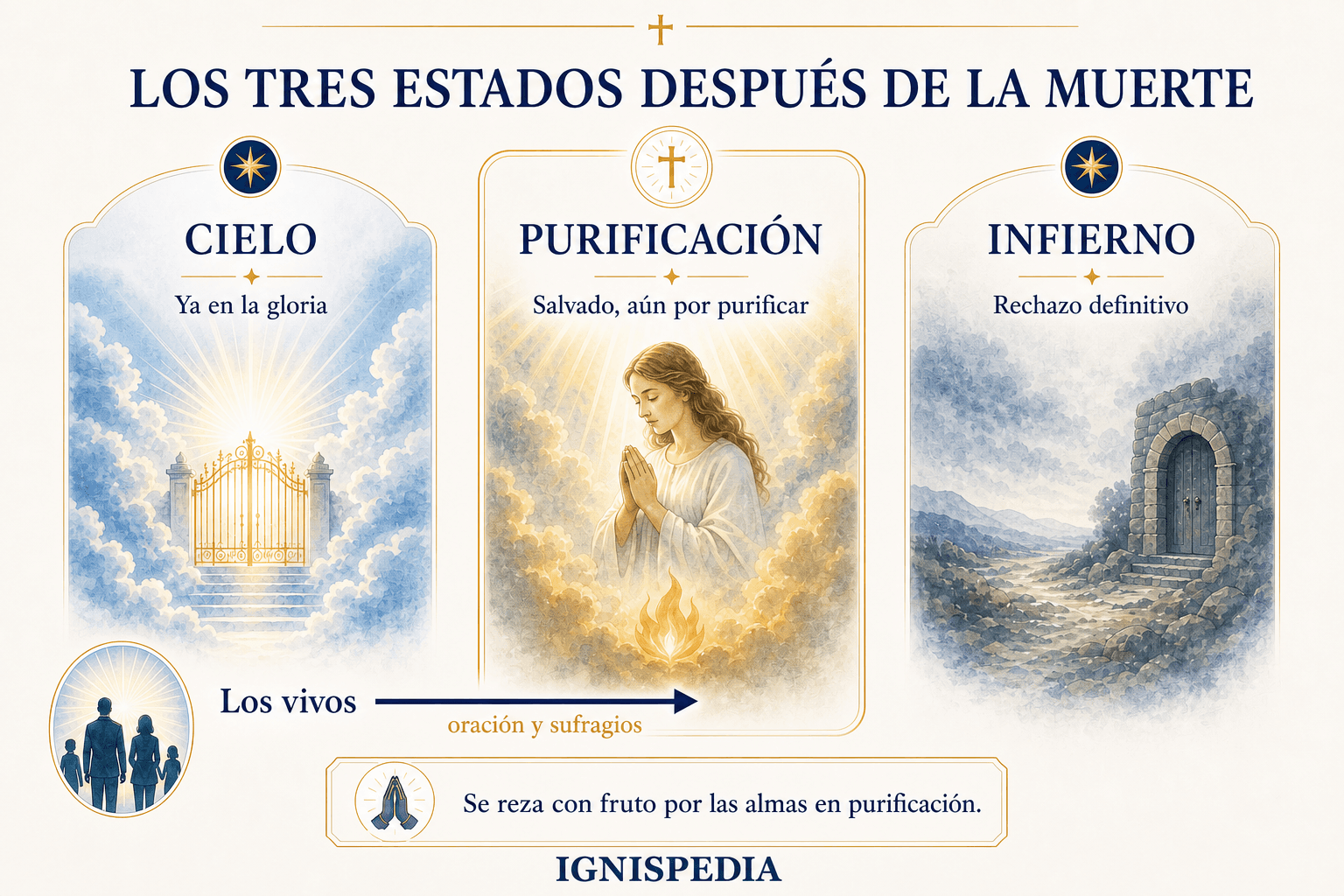 Esquema de los tres estados después de la muerte —Cielo, purificación e infierno— y la dirección de la oración de los vivos