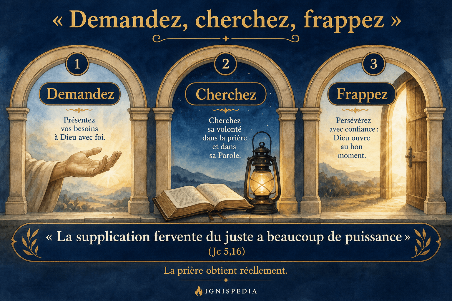 Infographie des trois impératifs évangéliques : demandez, cherchez, frappez