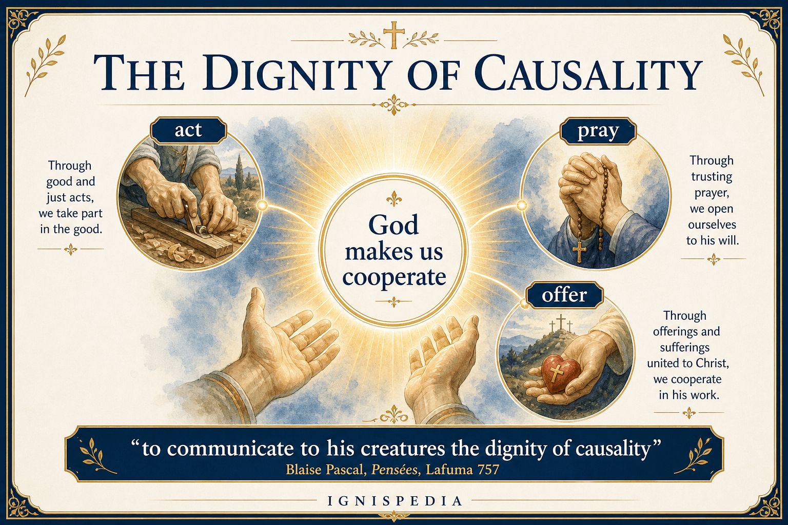 Infographic on the dignity of causality: acting, praying, and offering as cooperations in God’s plan