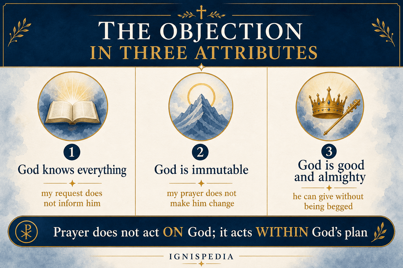 Diagram: the three divine attributes invoked by the objection and their reversal