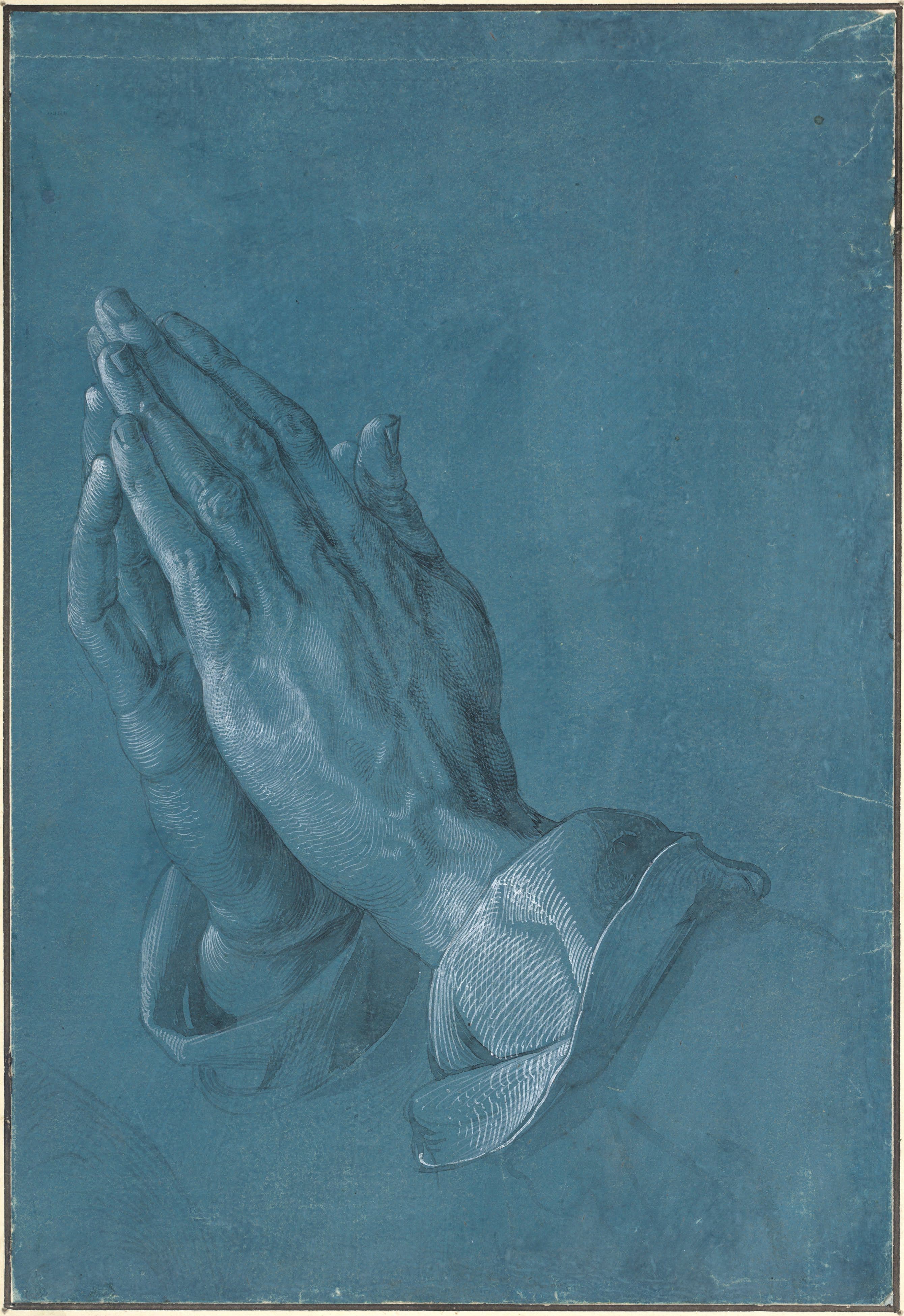Die betenden Hände von Albrecht Dürer, Pinsel- und Tuschstudie auf blauem Papier