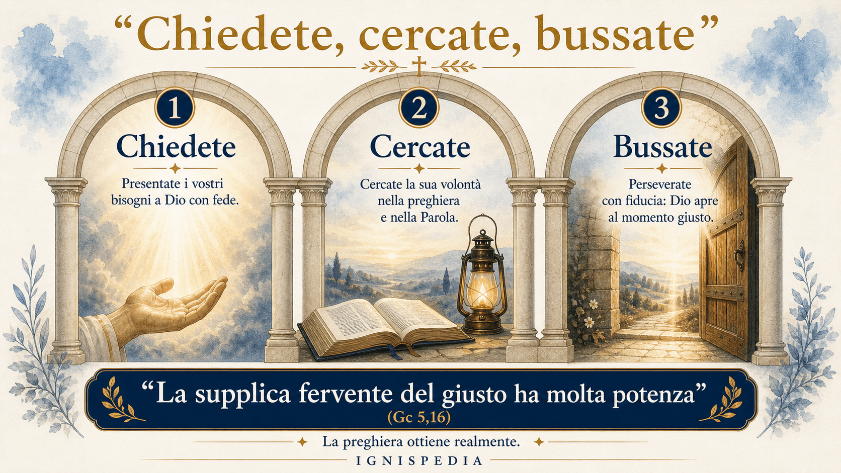 Infografica dei tre imperativi evangelici: chiedete, cercate, bussate