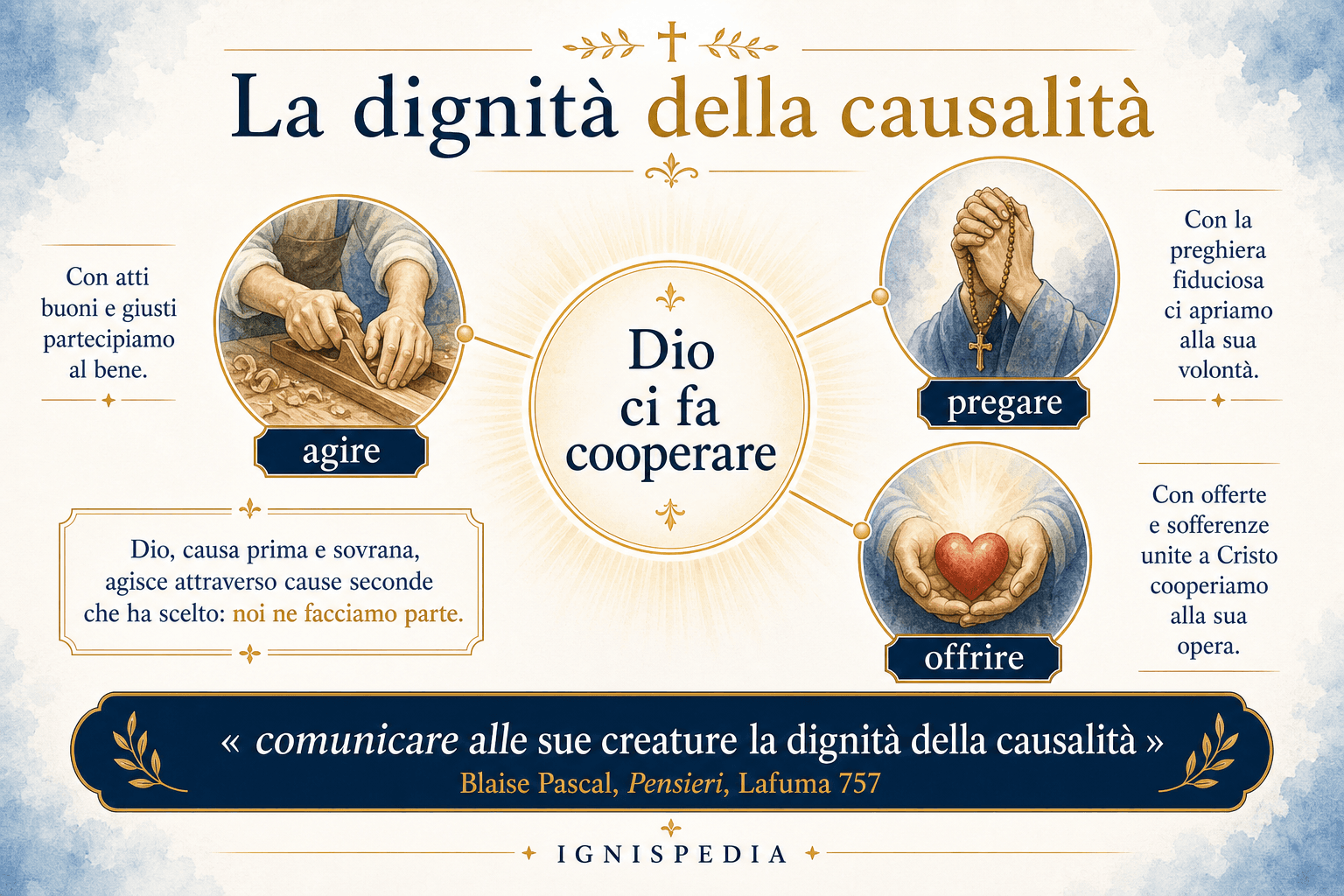 Infografica sulla dignità della causalità: agire, pregare e offrire come cooperazioni al piano di Dio