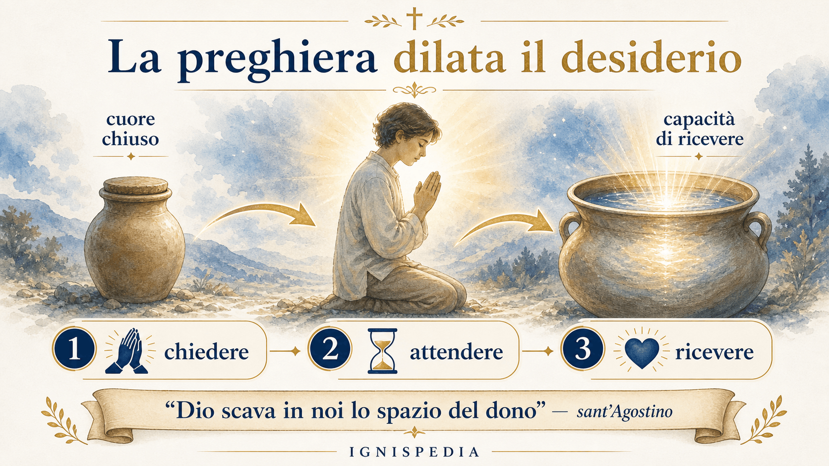 Infografica che mostra il cuore chiuso ampliato dalla preghiera per ricevere il dono di Dio