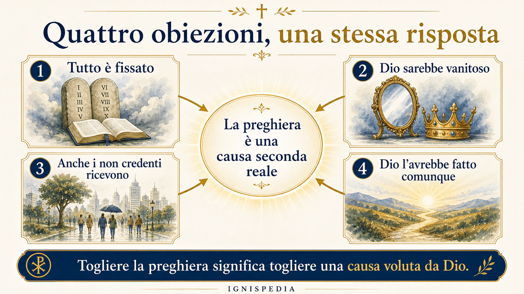 Infografica che riassume quattro obiezioni residue sull’efficacia della preghiera