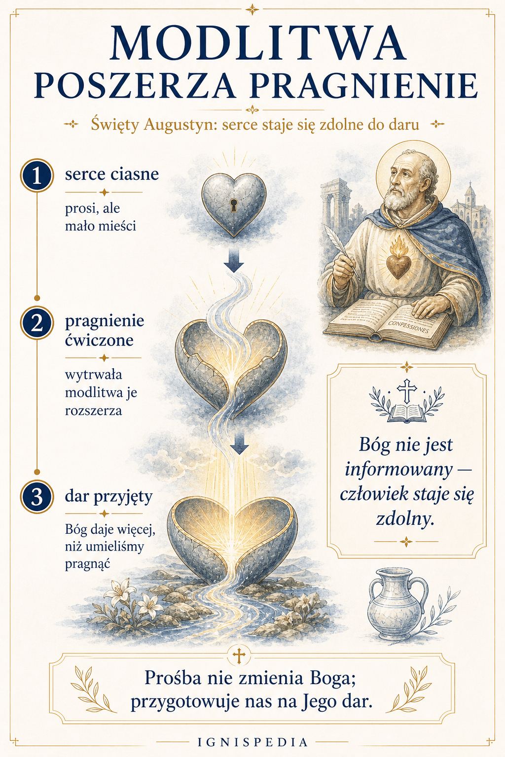 Infografika pokazująca serce zamknięte rozszerzane przez modlitwę, by przyjąć dar Boga