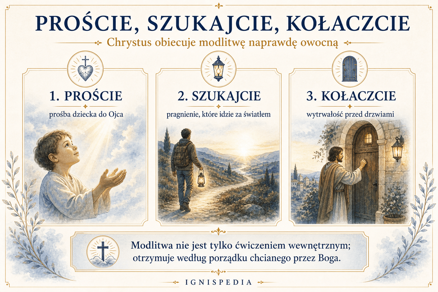 Infografika trzech ewangelicznych nakazów: proście, szukajcie, kołaczcie