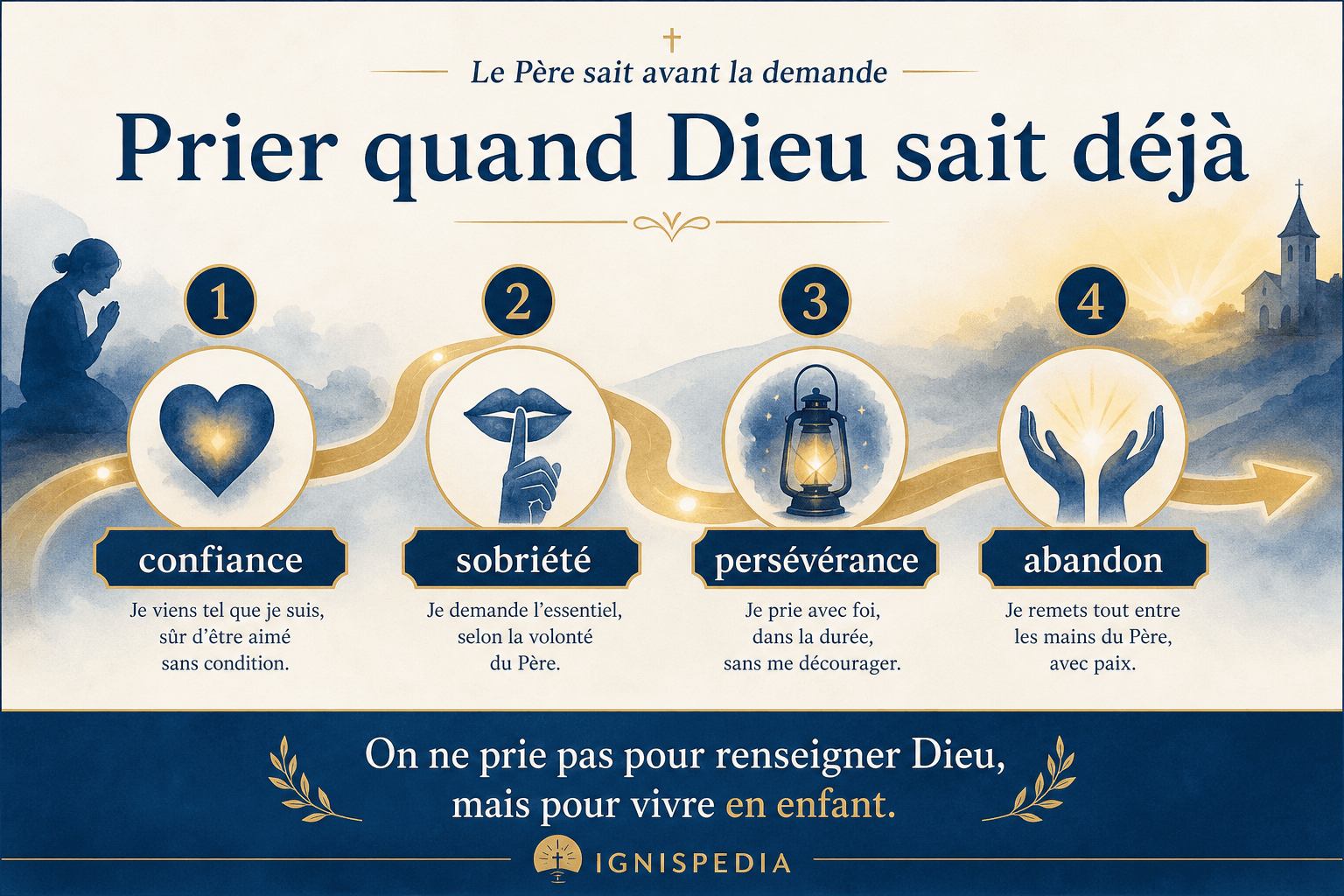 Infographie : confiance, sobriété, persévérance et abandon dans la prière