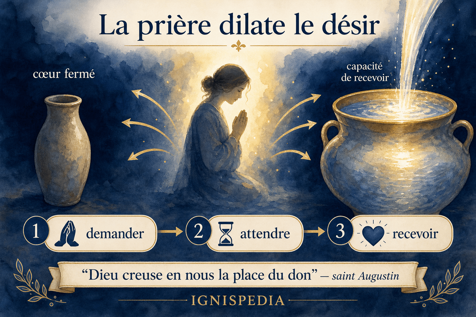 Infographie montrant le cœur fermé élargi par la prière pour recevoir le don de Dieu