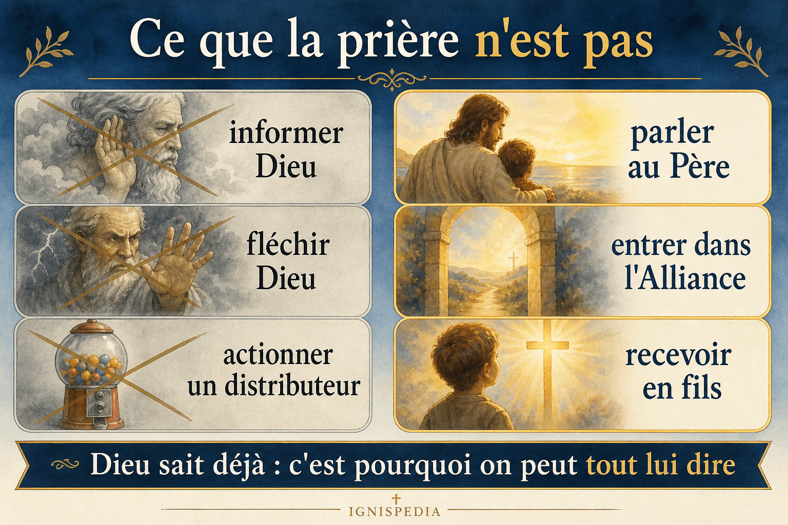 Infographie opposant les fausses images de la prière et la prière filiale