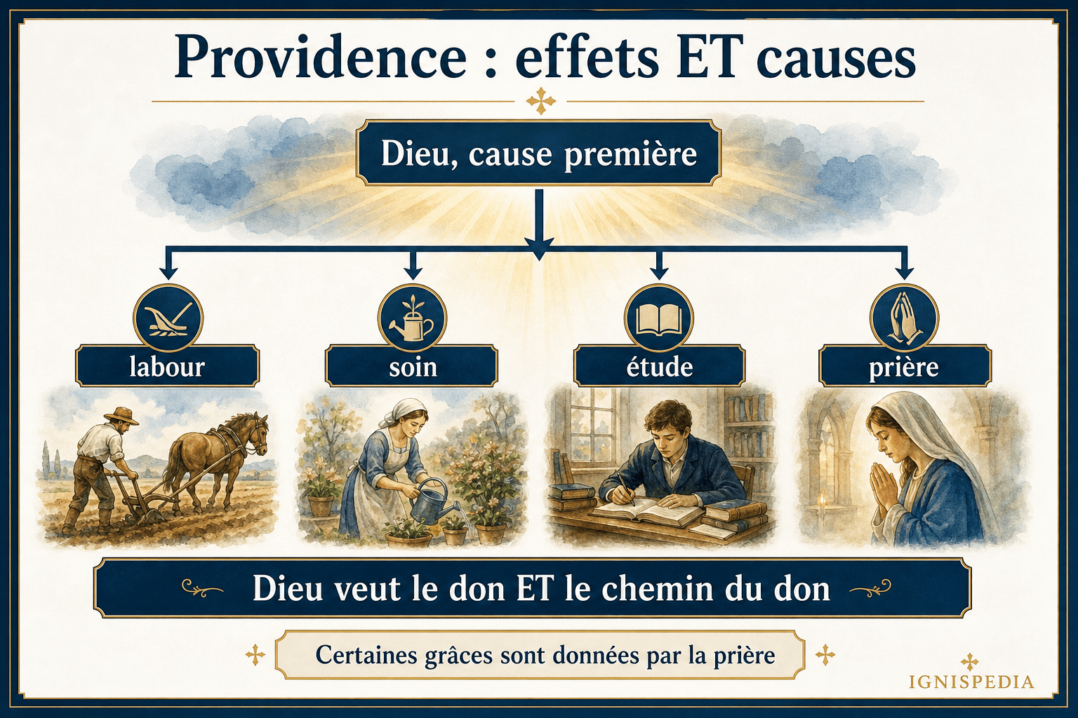 Schéma de la Providence : Dieu cause première qui agit par les causes secondes, dont la prière
