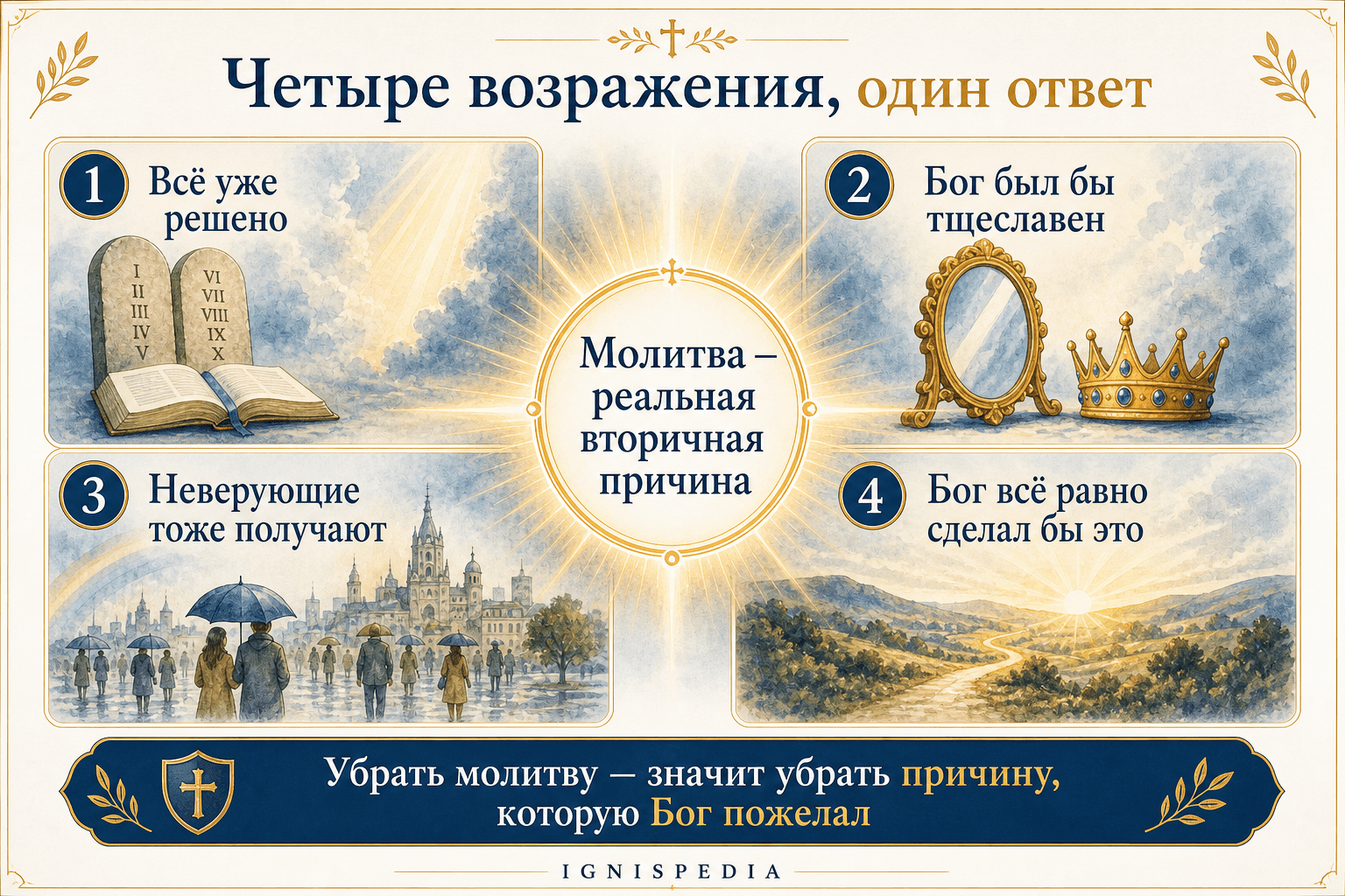 Инфографика, суммирующая четыре остаточных возражения об эффективности молитвы