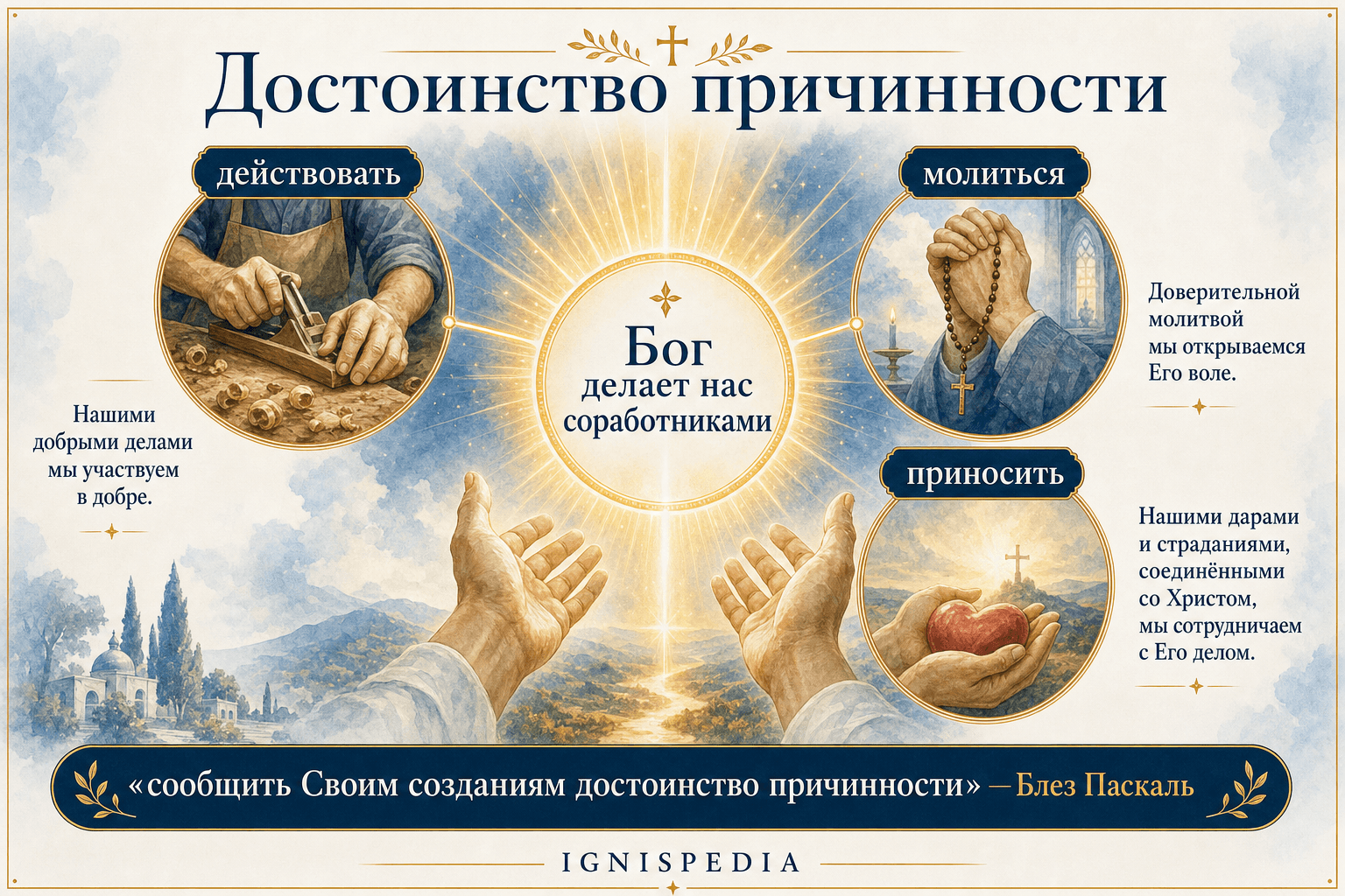 Инфографика о достоинстве причинности: действовать, молиться и приносить в жертву как сотрудничество в плане Бога