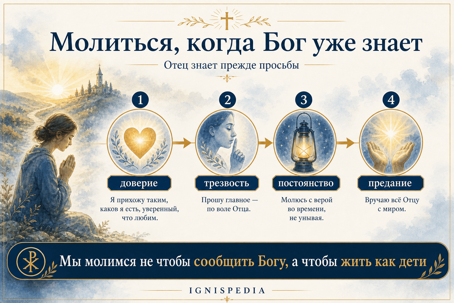 Инфографика: доверие, умеренность, настойчивость и предание в молитве