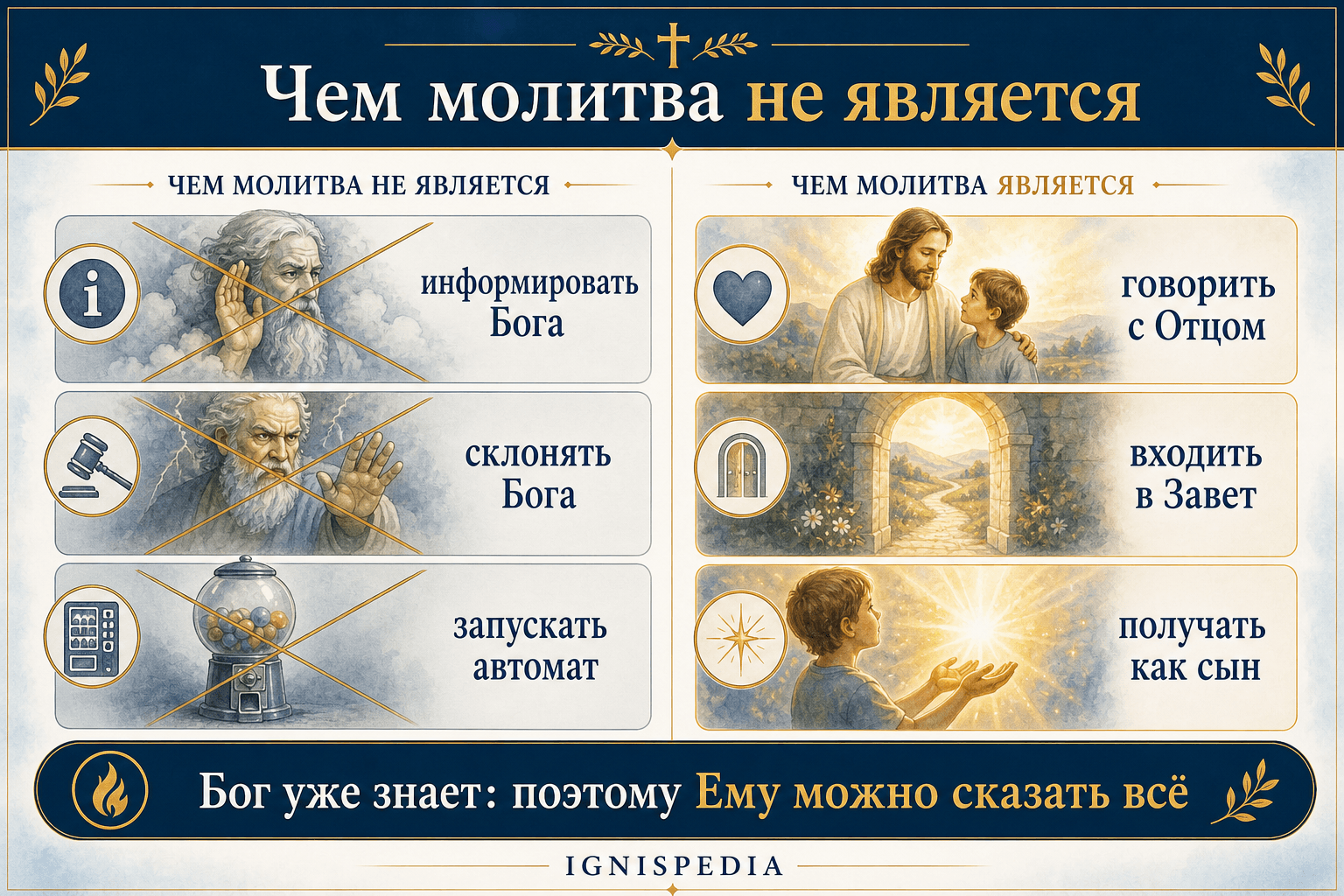 Инфографика, противопоставляющая ложные образы молитвы и сыновнюю молитву