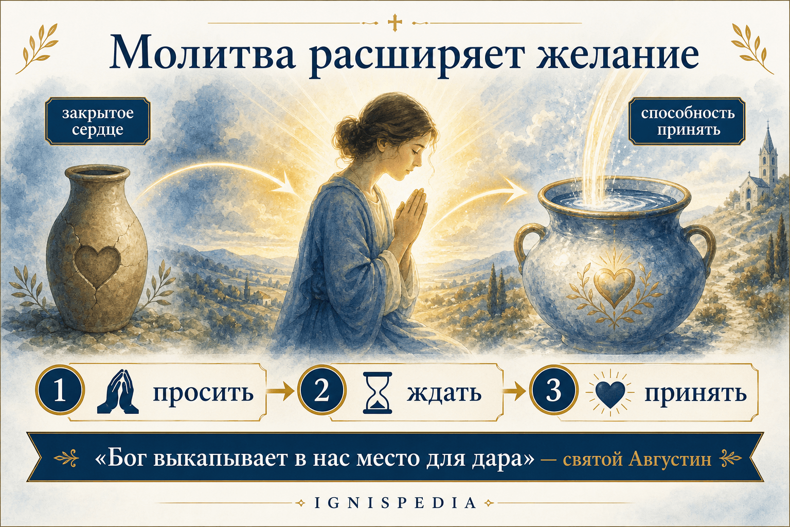 Инфографика, показывающая, как молитва расширяет закрытое сердце, чтобы принять дар Бога