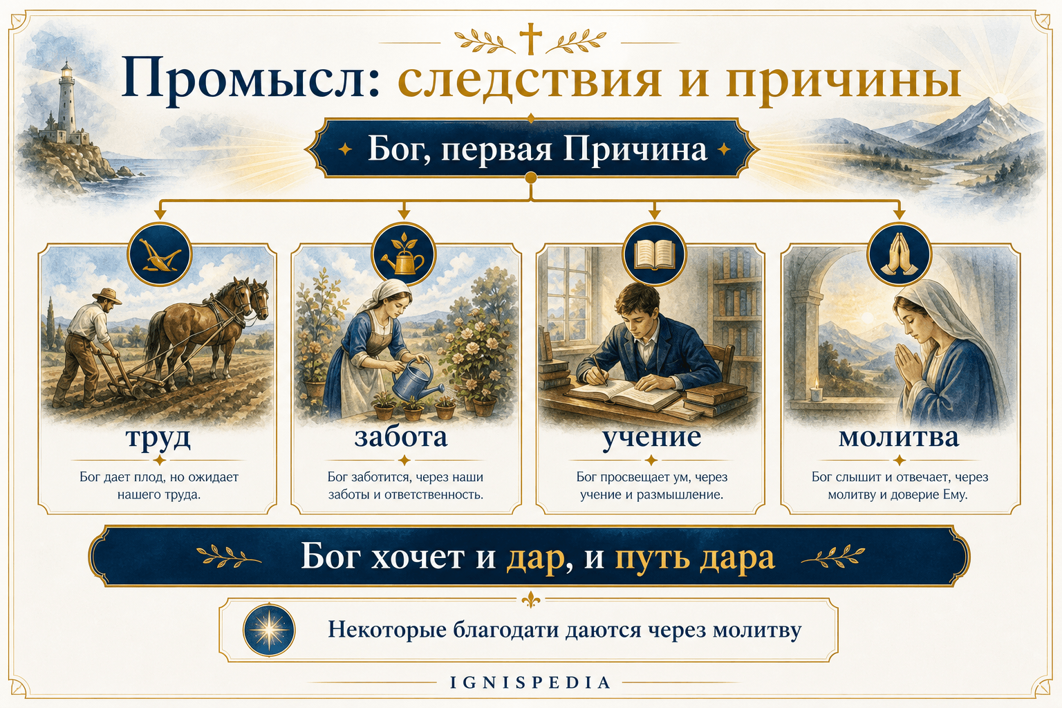 Схема Провидения: Бог — первая причина, действующая через вторичные причины, включая молитву