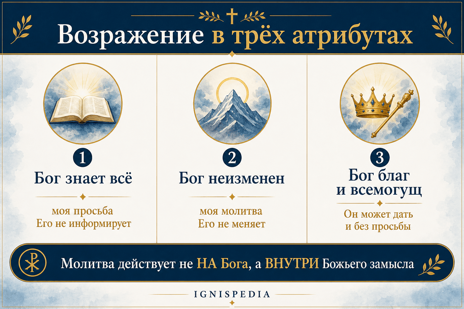 Схема: три божественных атрибута, на которые ссылается возражение, и их переосмысление