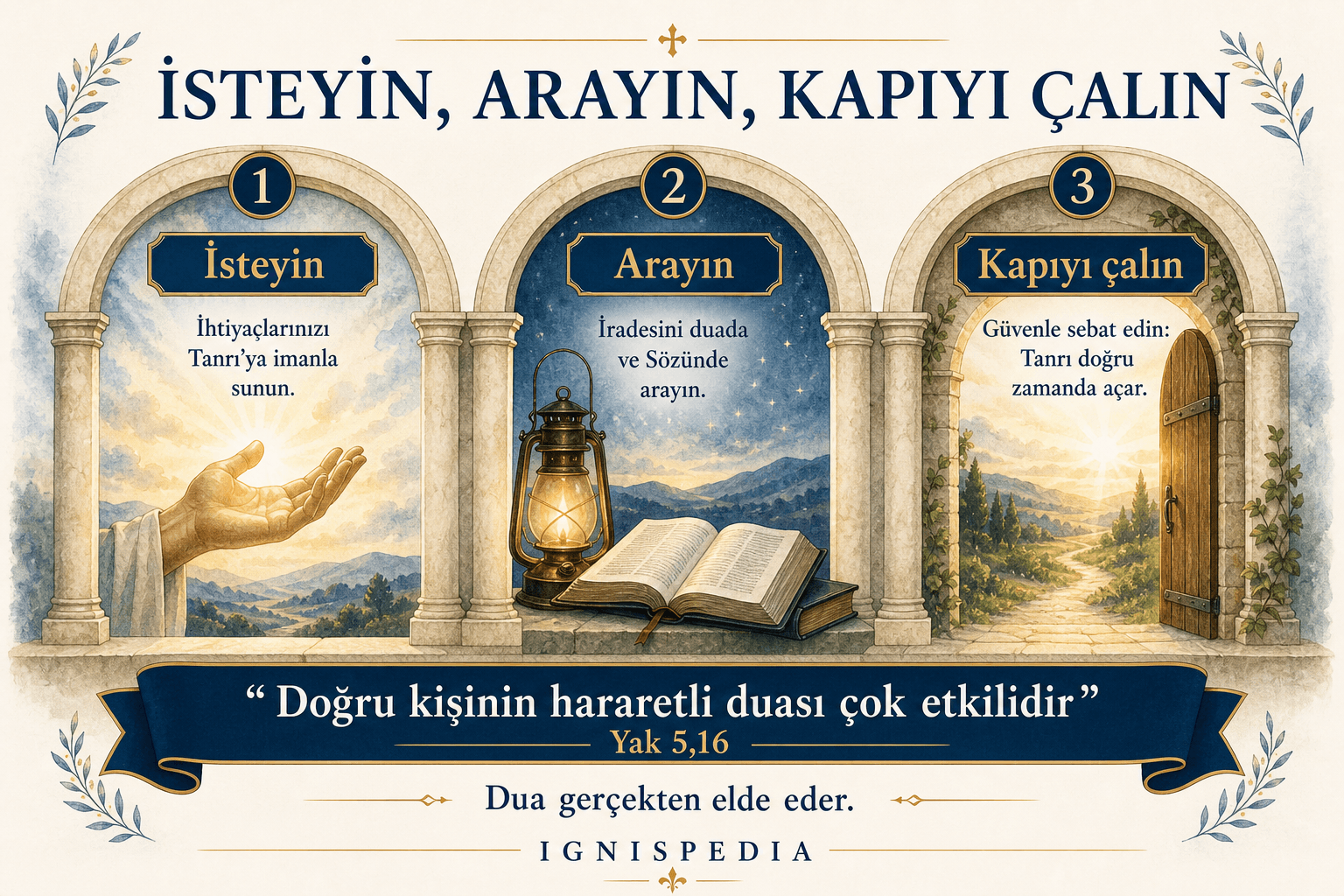 Üç İncil emrinin infografiği: isteyin, arayın, kapıyı çalın