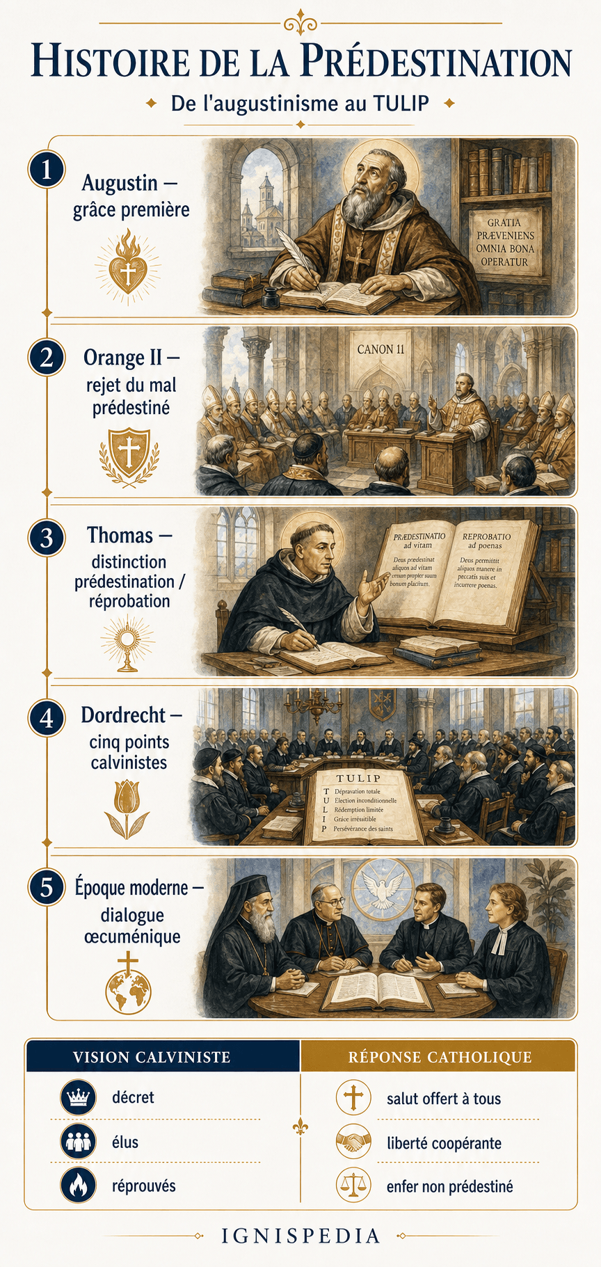 Infographie historique de la doctrine de la prédestination, de saint Augustin au TULIP calviniste