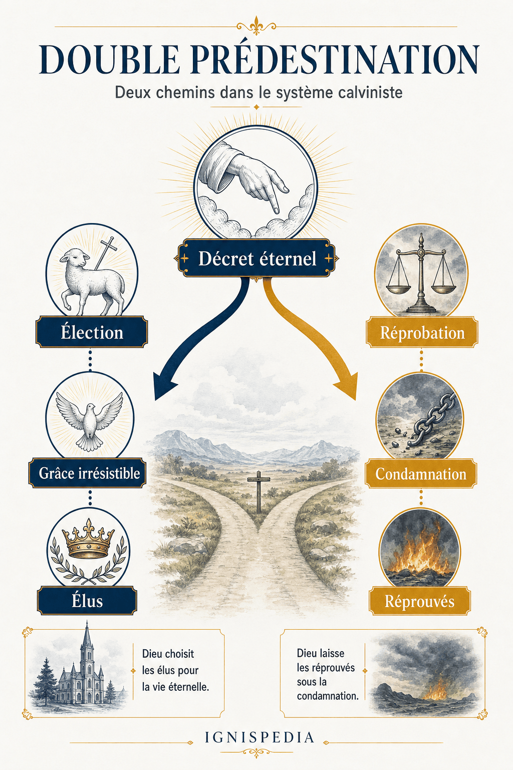 Infographie de la double prédestination calviniste : décret éternel, élection et réprobation