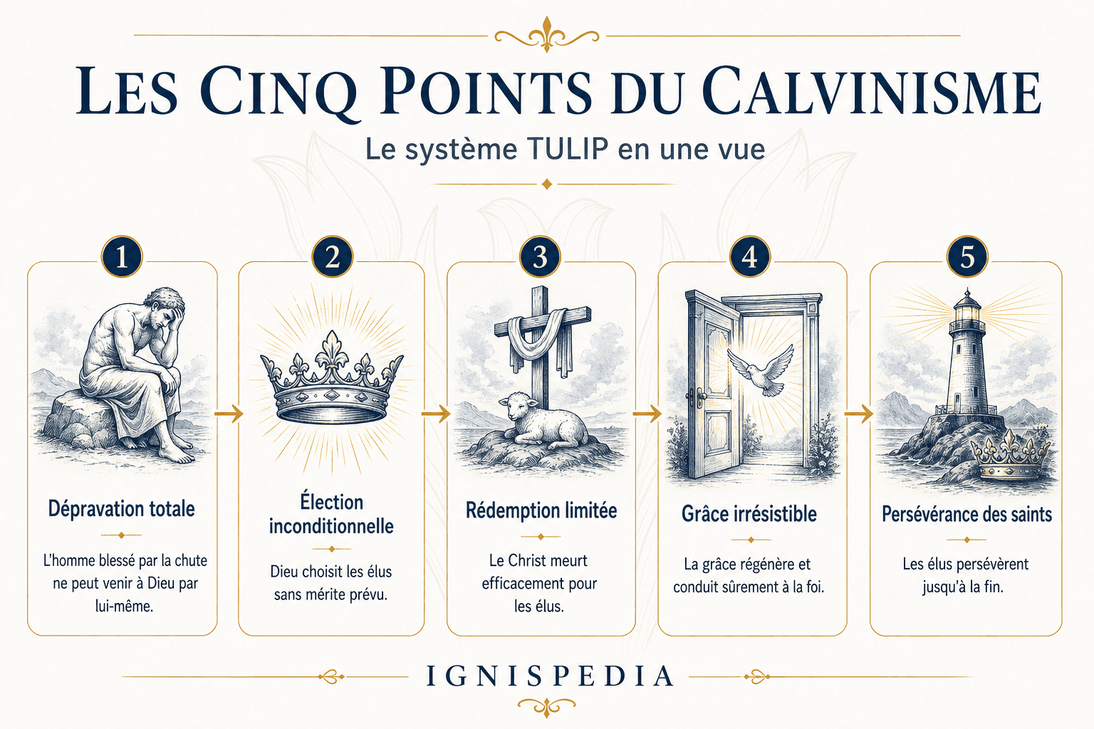 Les 5 points TULIP du calvinisme — schéma synthétique