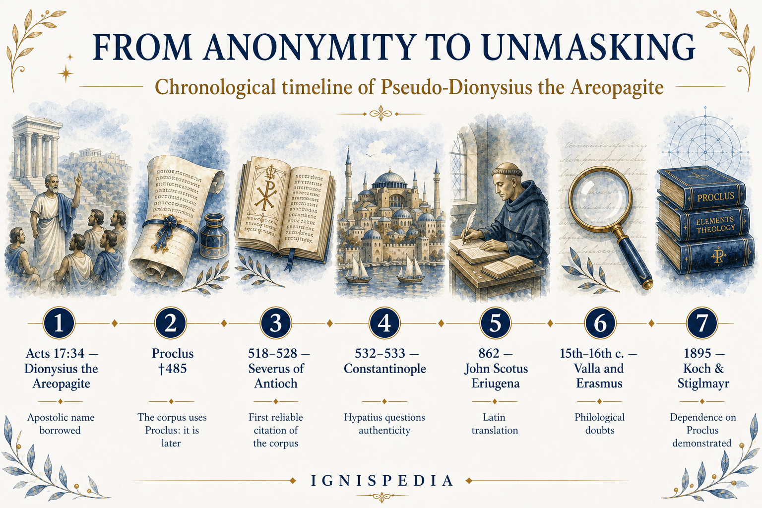 Timeline of Pseudo-Dionysius, from apostolic anonymity to the philological unmasking of 1895