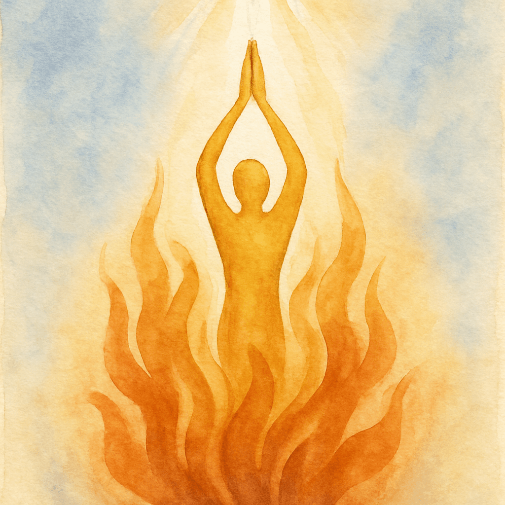 Une âme stylisée en silhouette dorée, en posture orante, s'élevant à travers des flammes de purification qui se transforment en lumière céleste.