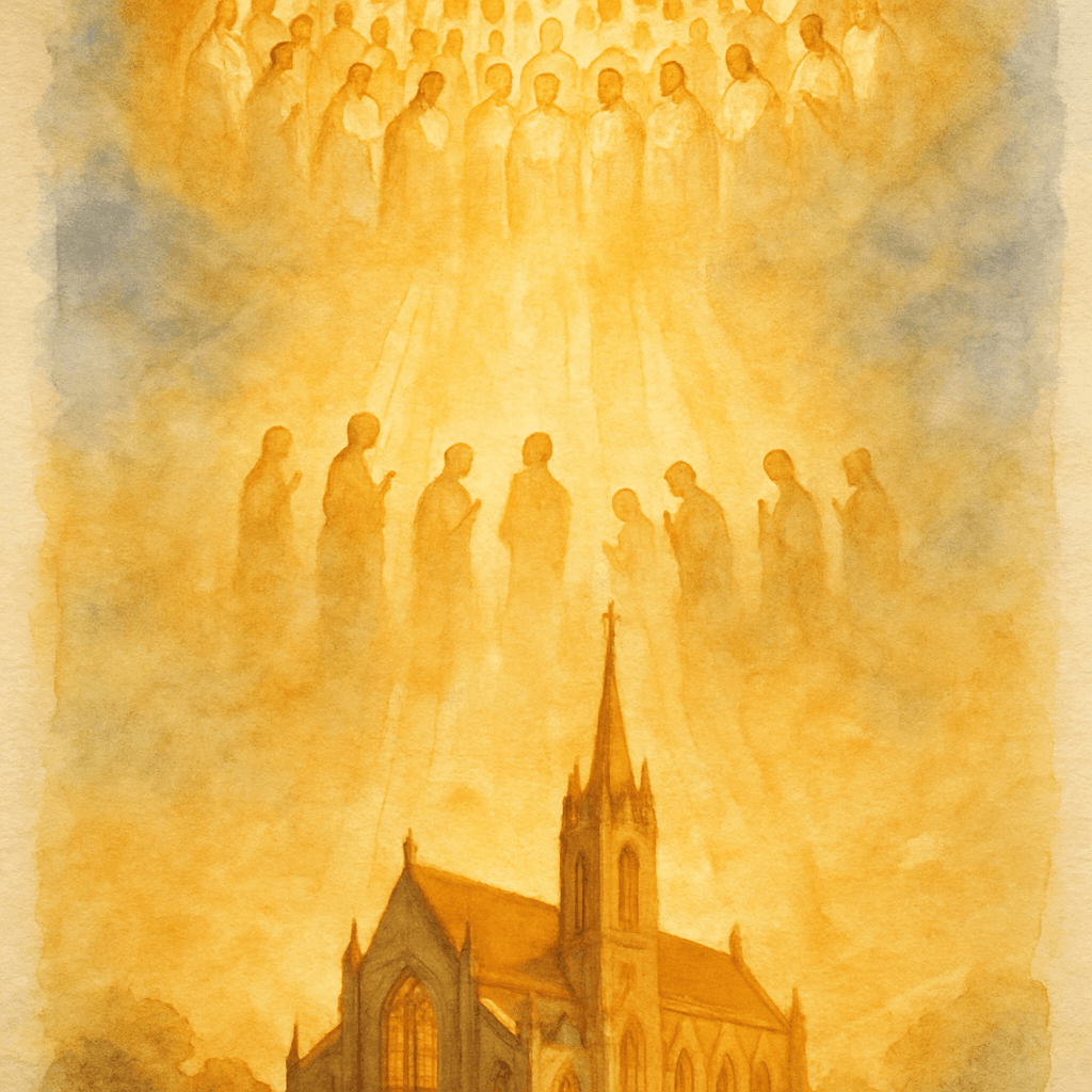 Une composition à trois niveaux : en bas la terre avec une église stylisée, au milieu des âmes en posture orante dans une lumière dorée diffuse, en haut le Ciel ouvert avec une multitude de saints — reliés par des rayons lumineux.