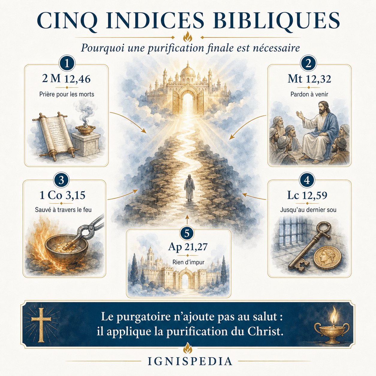 Infographie : Cinq indices bibliques convergents pour le purgatoire — 2 M 12,46 prière pour les morts, Mt 12,32 pardon à venir, 1 Co 3,15 sauvé à travers le feu, Lc 12,59 jusqu'au dernier sou, Ap 21,27 rien d'impur.