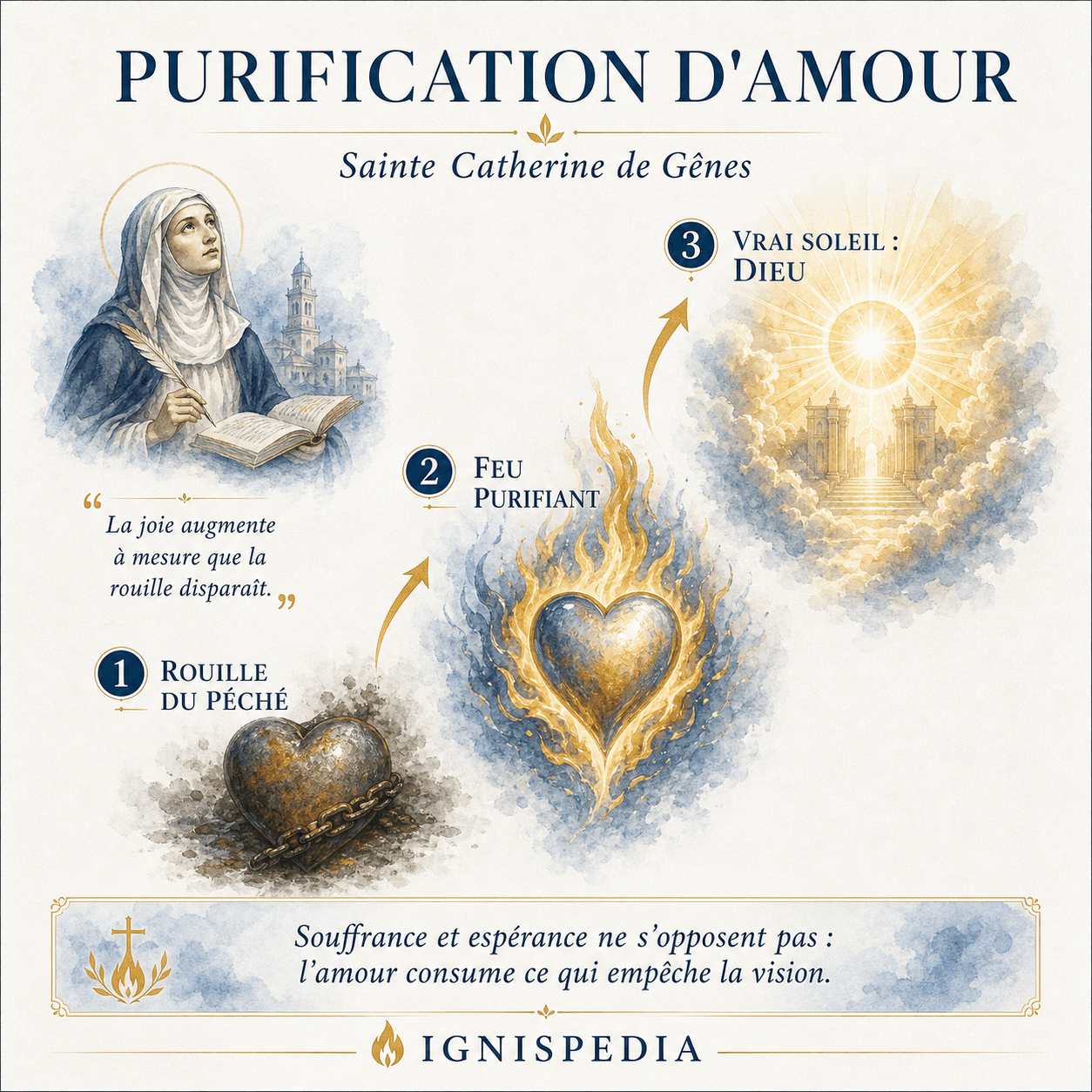 Infographie : Purification d'amour selon sainte Catherine de Gênes — trois étapes : rouille du péché, feu purifiant, vrai soleil Dieu. Citation : « La joie augmente à mesure que la rouille disparaît ».