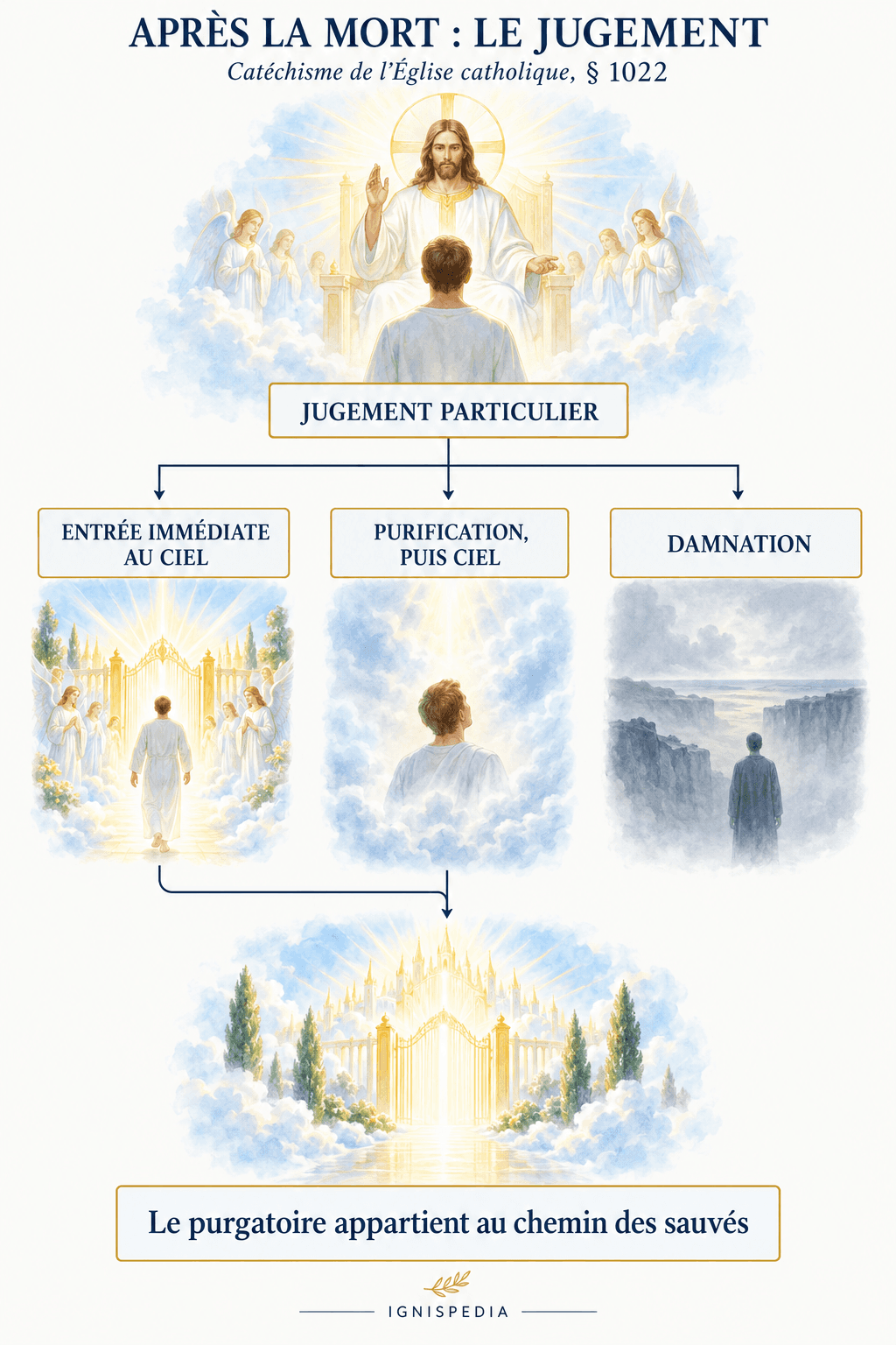 Según el Catecismo 1022, el juicio particular conduce a la entrada inmediata al Cielo, a una purificación seguida del Cielo o a la condenación.