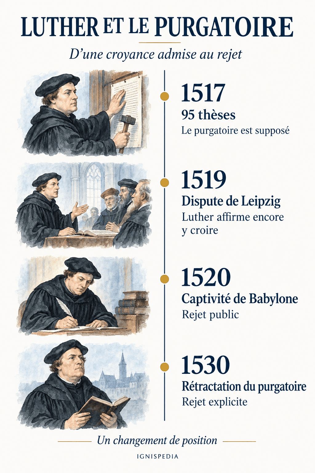 Cronología de la posición de Lutero sobre el purgatorio: 95 tesis en 1517, disputa de Leipzig en 1519, rechazo público en 1520 y retractación explícita en 1530.