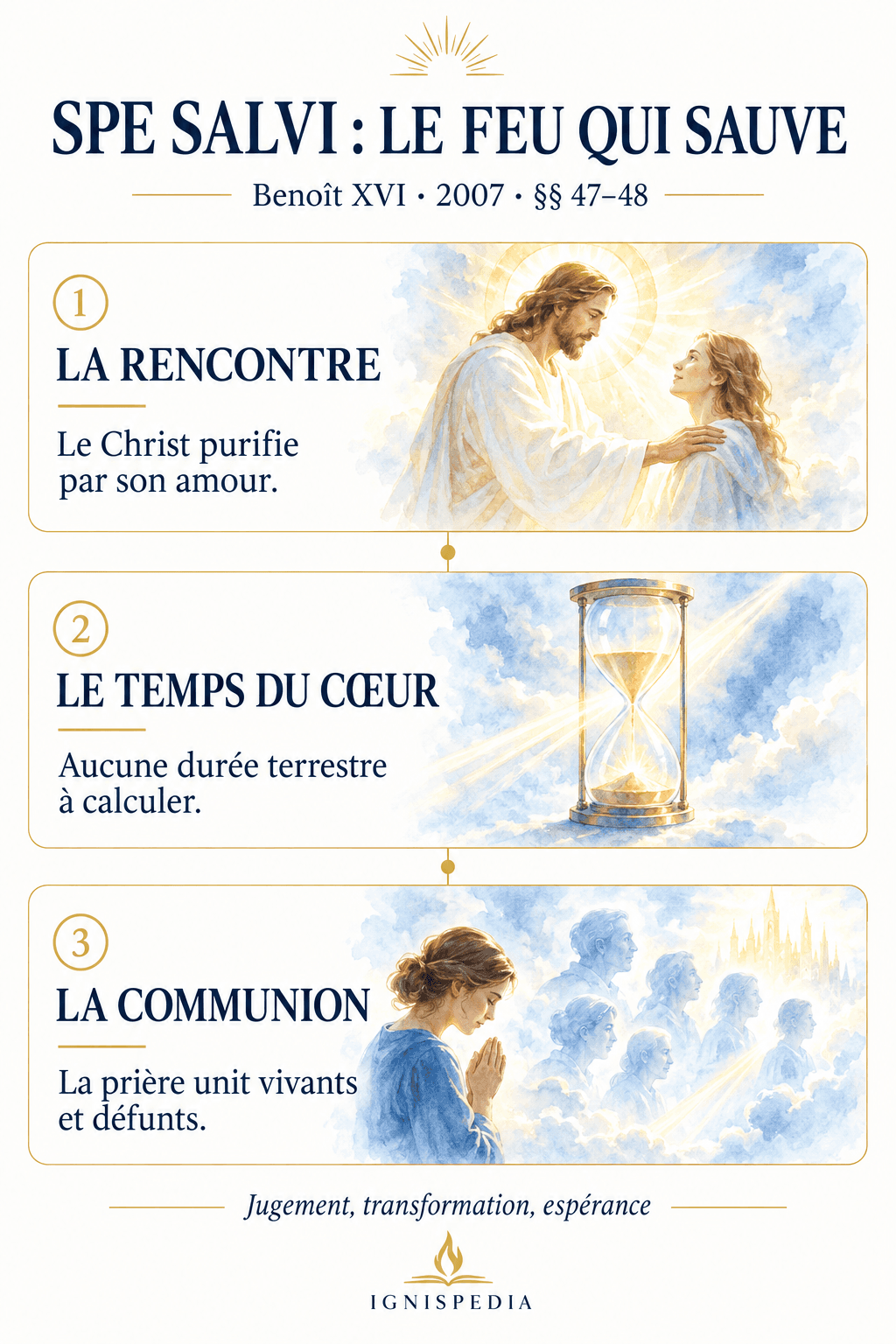 Tres aspectos del purgatorio en Spe Salvi: encuentro purificador con Cristo, tiempo del corazón y comunión de oración entre vivos y difuntos.