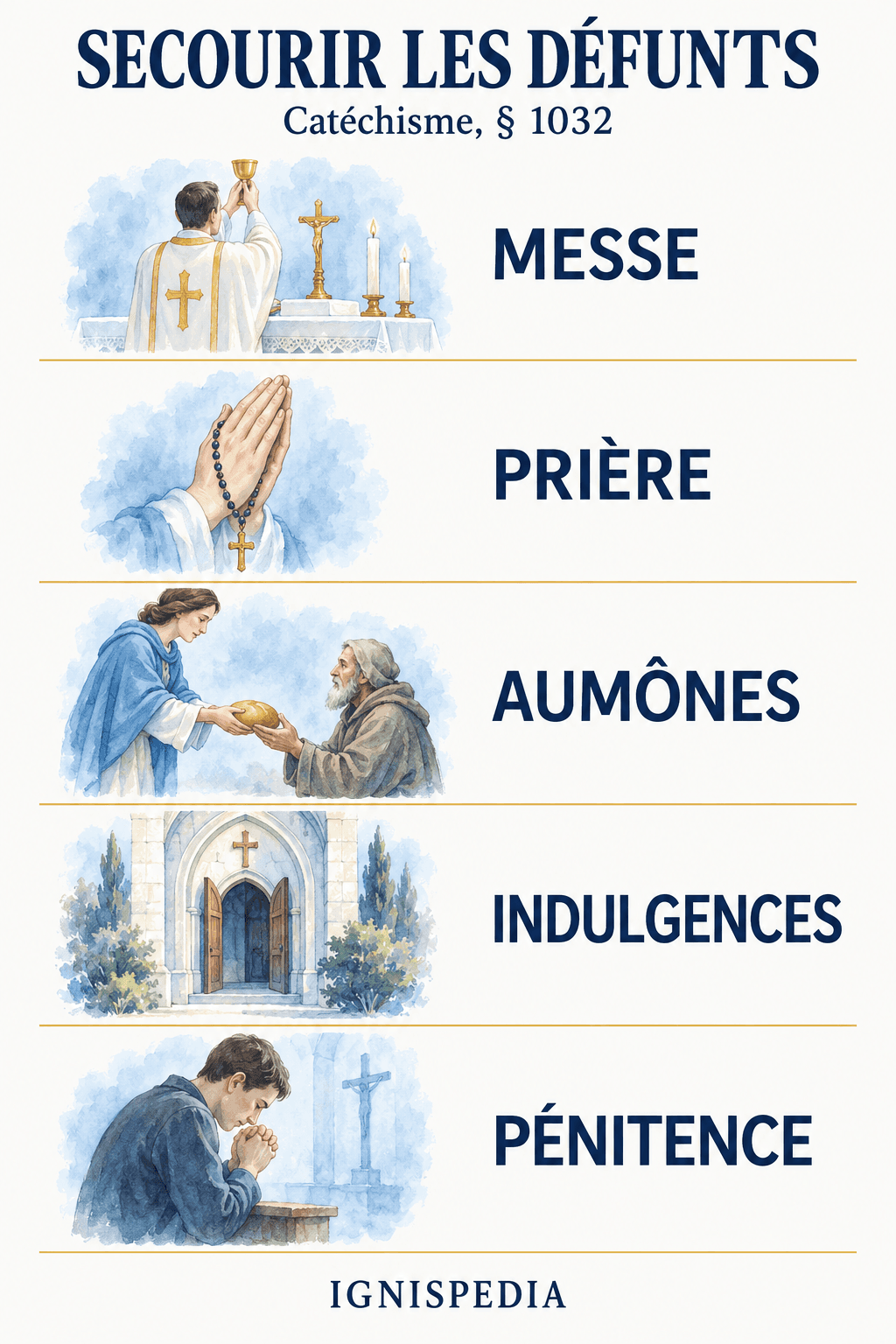 Cinco sufragios por los difuntos: misa, oración, limosnas, indulgencias y obras de penitencia, según el Catecismo 1032.