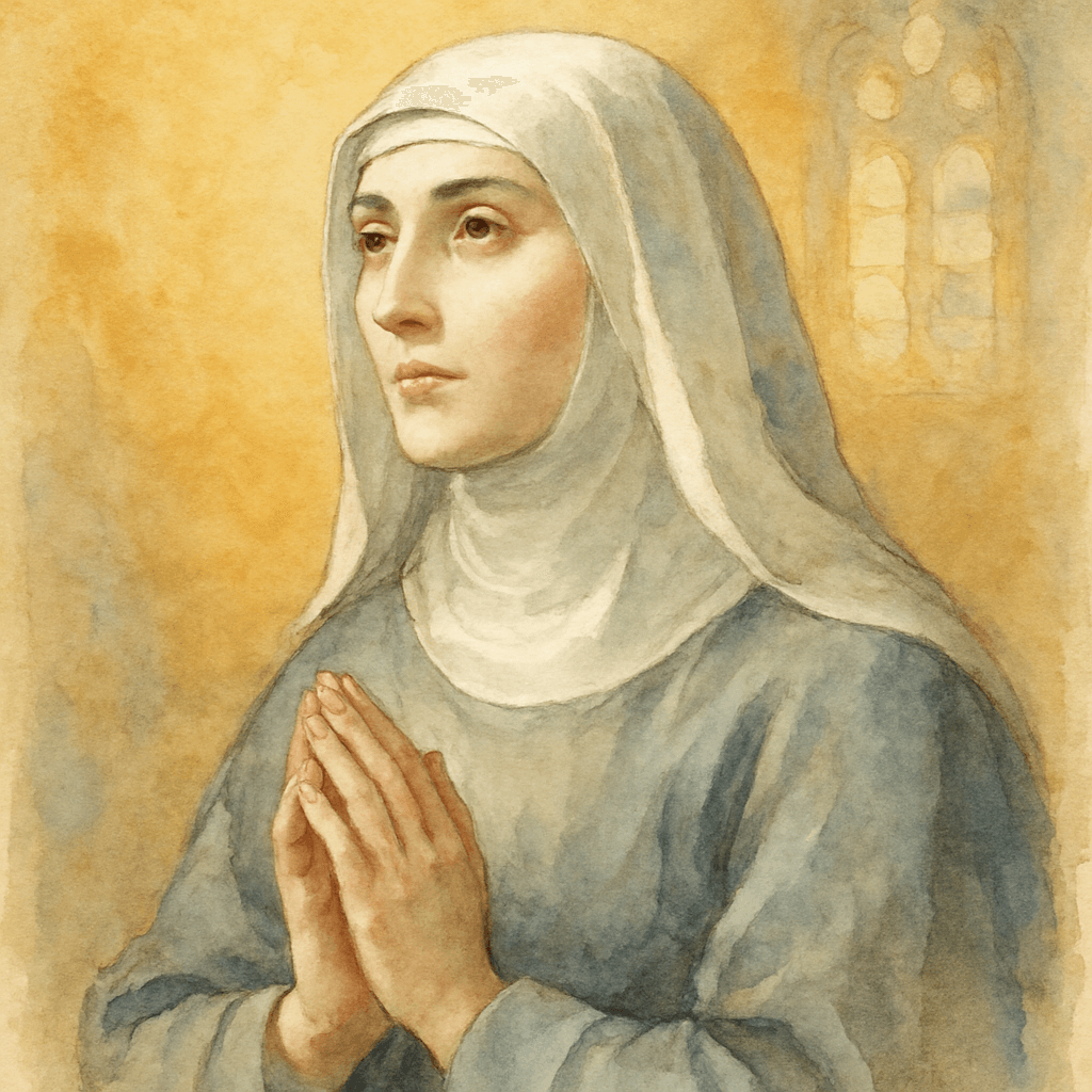 Sainte Catherine de Gênes représentée en habit gris simple, les mains jointes, le regard intérieur, dans une lumière dorée diffuse — ses paroles, recueillies par ses proches, forment le Traité du Purgatoire (rédaction constituée avant 1520, publié en 1551).