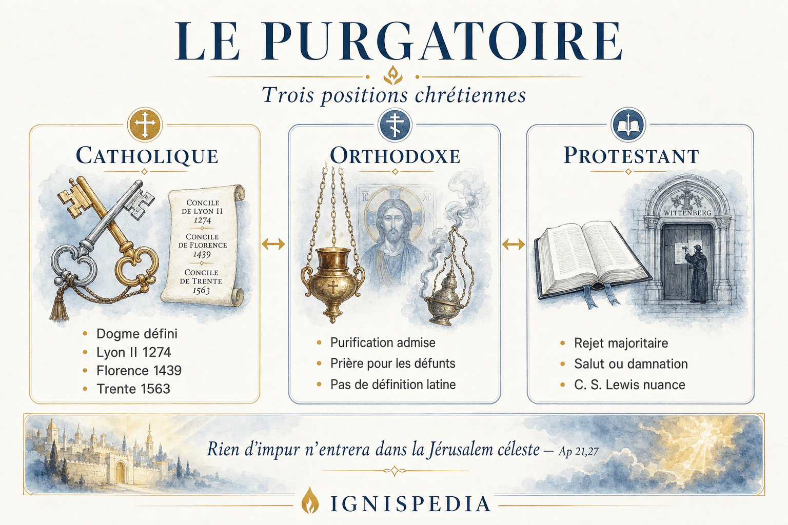 Infographie comparant les positions catholique, orthodoxe et protestante sur le purgatoire.