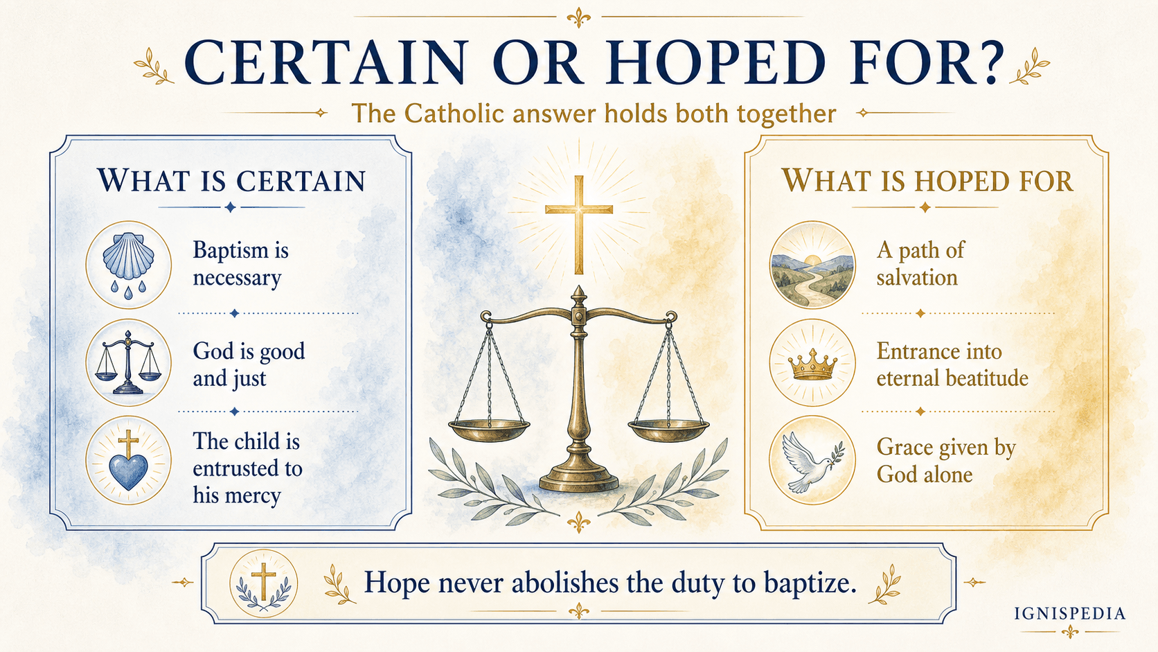 Ignispedia infographic distinguishing what is certain and what is hoped for an infant who dies without baptism