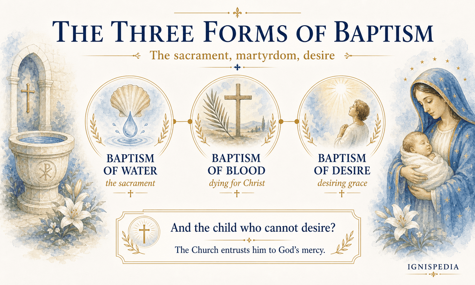 Ignispedia infographic on the three forms of baptism: baptism of water, baptism of blood, and baptism of desire, with the question of the child who cannot desire