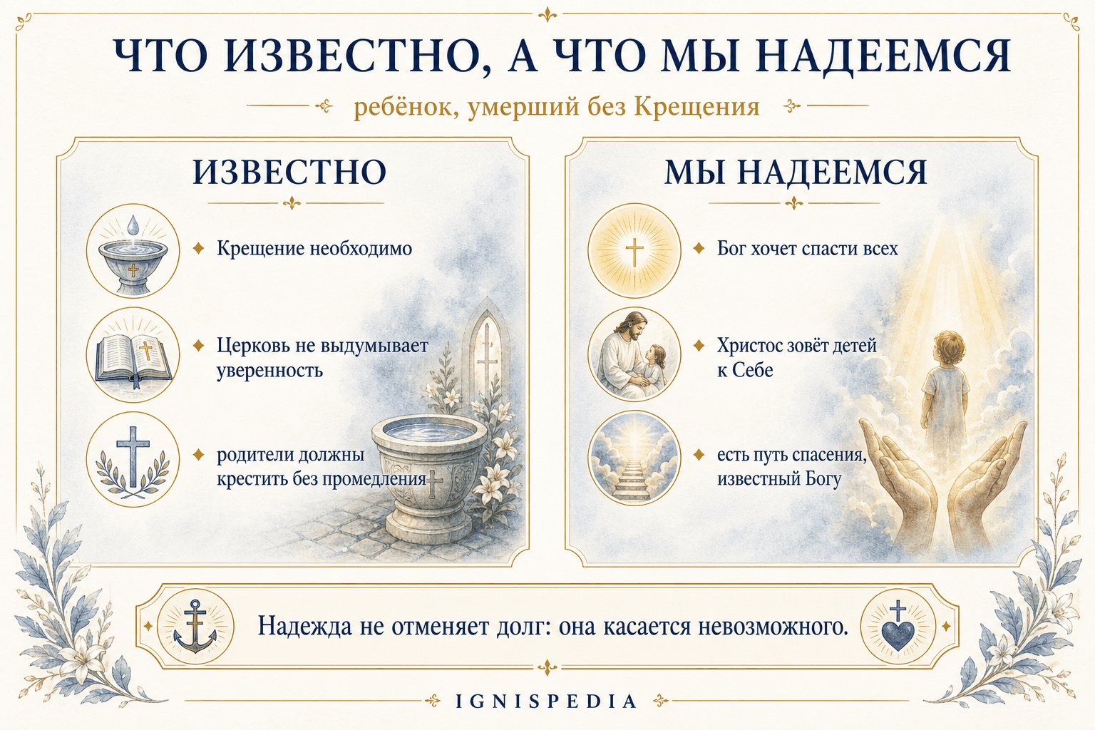Инфографика Ignispedia, различающая, что является достоверным, а что — надеждой для ребёнка, умершего без крещения