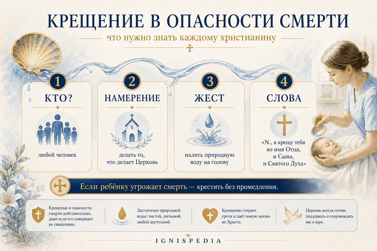 Инфографика Ignispedia, объясняющая четыре элемента экстренного крещения: кто, намерение, действие и слова