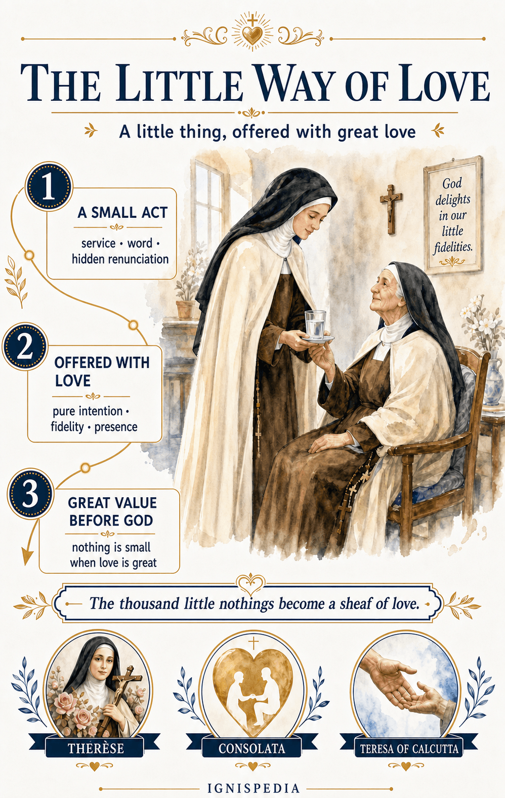 Infographic of the little way: a small act offered with love receives great value before God