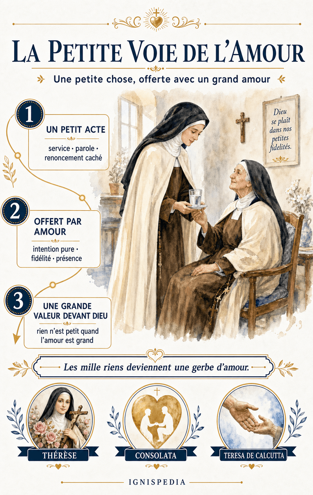 Infographie de la petite voie : un petit acte offert par amour reçoit une grande valeur devant Dieu