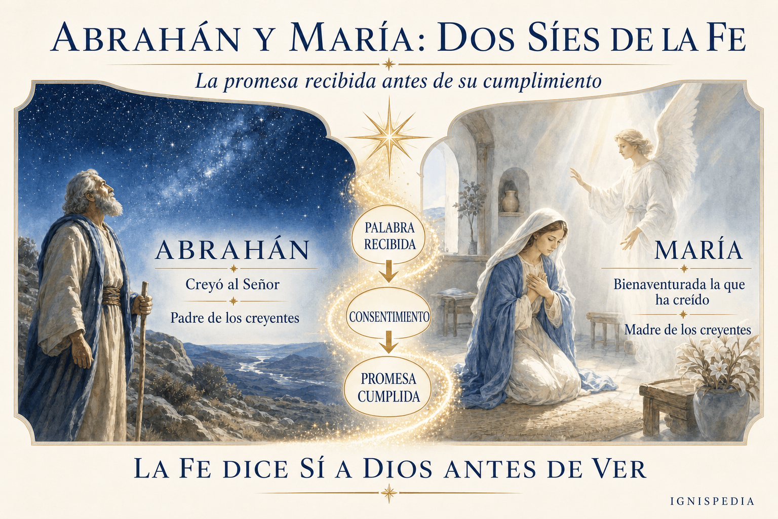 Infografía en díptico de Abraham bajo las estrellas y de María en la Anunciación