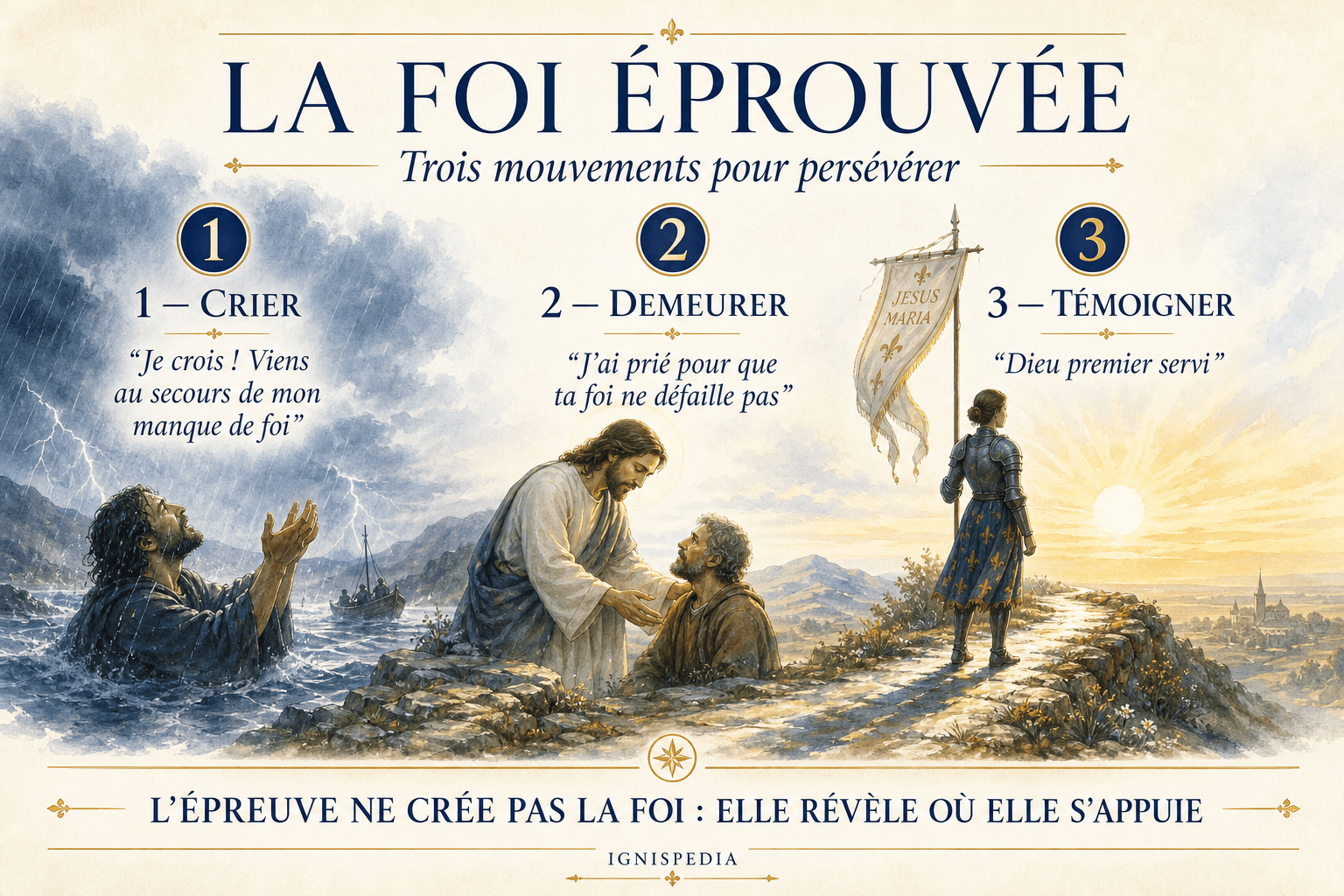 Infografia dos três movimentos da fé provada : clamar, permanecer e testemunhar