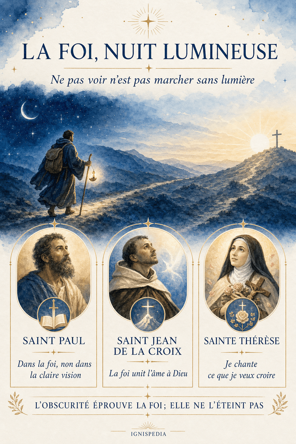 Infografia de um peregrino que atravessa a noite com uma lâmpada, acompanhado de São Paulo, São João da Cruz e Santa Teresa