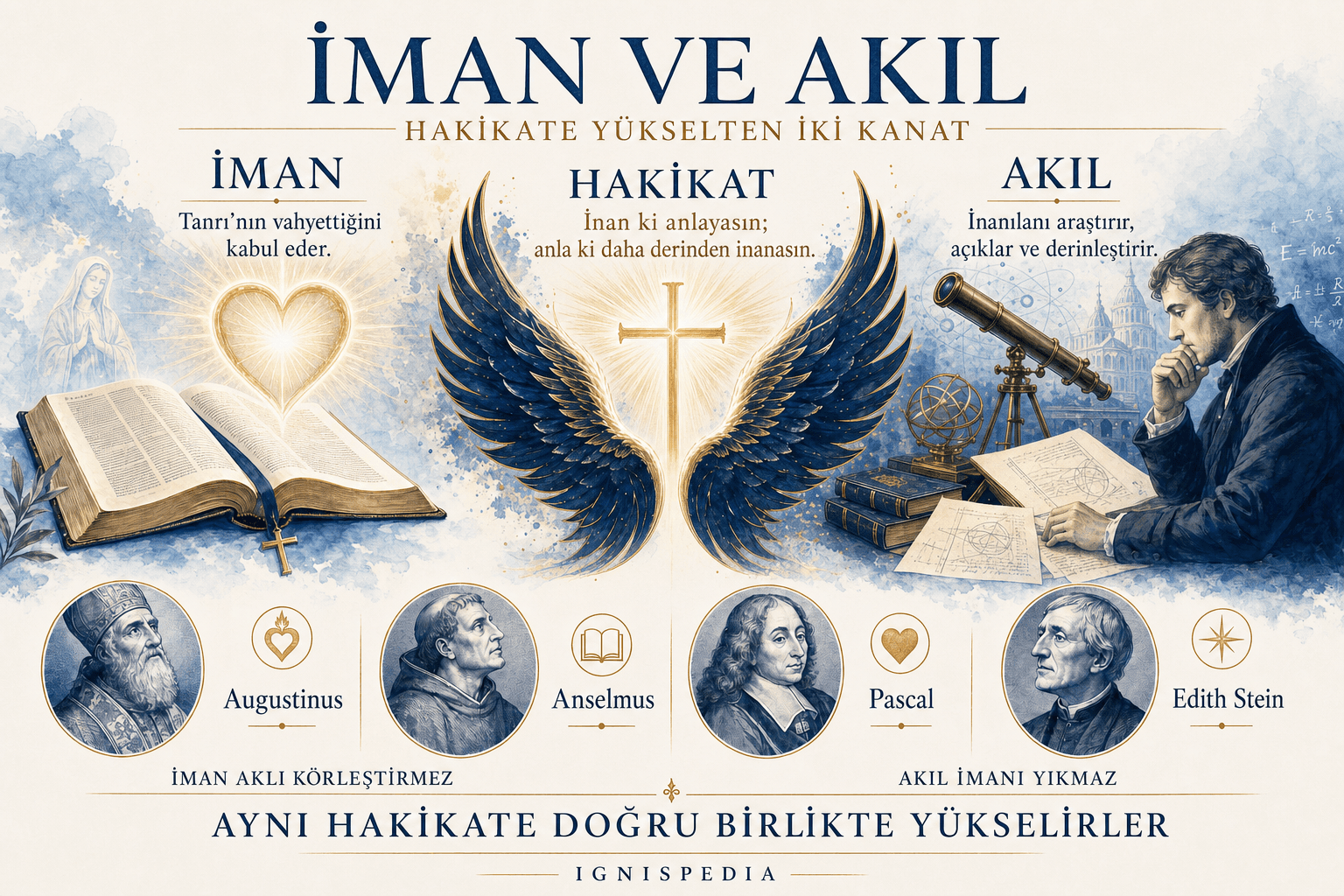 İman ve aklın, hakikate doğru birleşen iki kanat olarak gösterildiği infografik